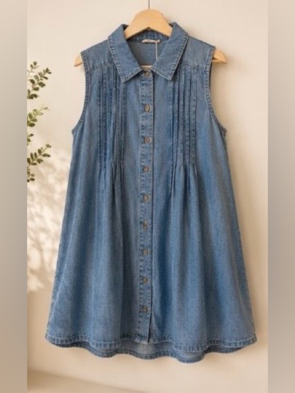 Hem & Thread‎ Sleeveless Chambray Denim Swing Dress Button Front Pockets Boho